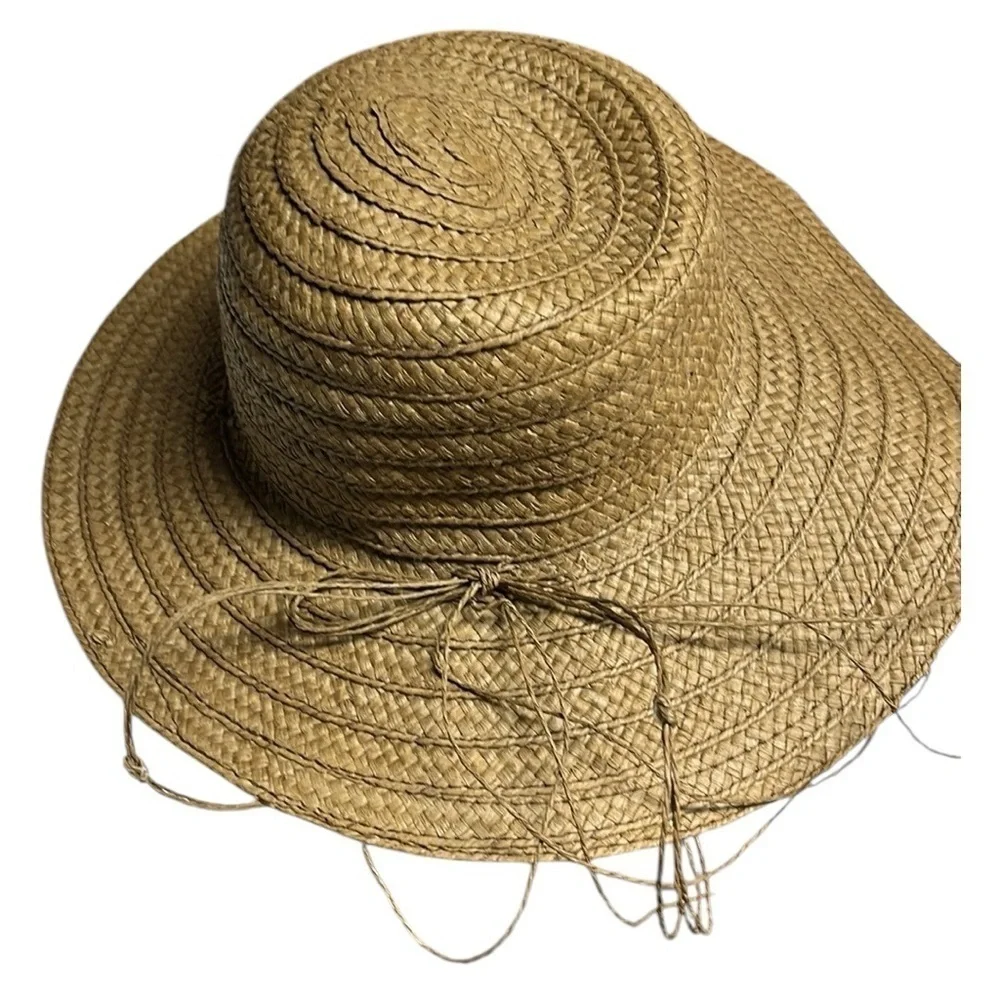 Brown Straw Wide Brim Floppy Hat Boho Beach Sun Hat OS